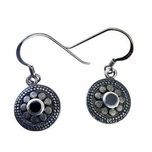 Sterling Silver 925 Oxidized Disc Drop Earrings Black Onyx
